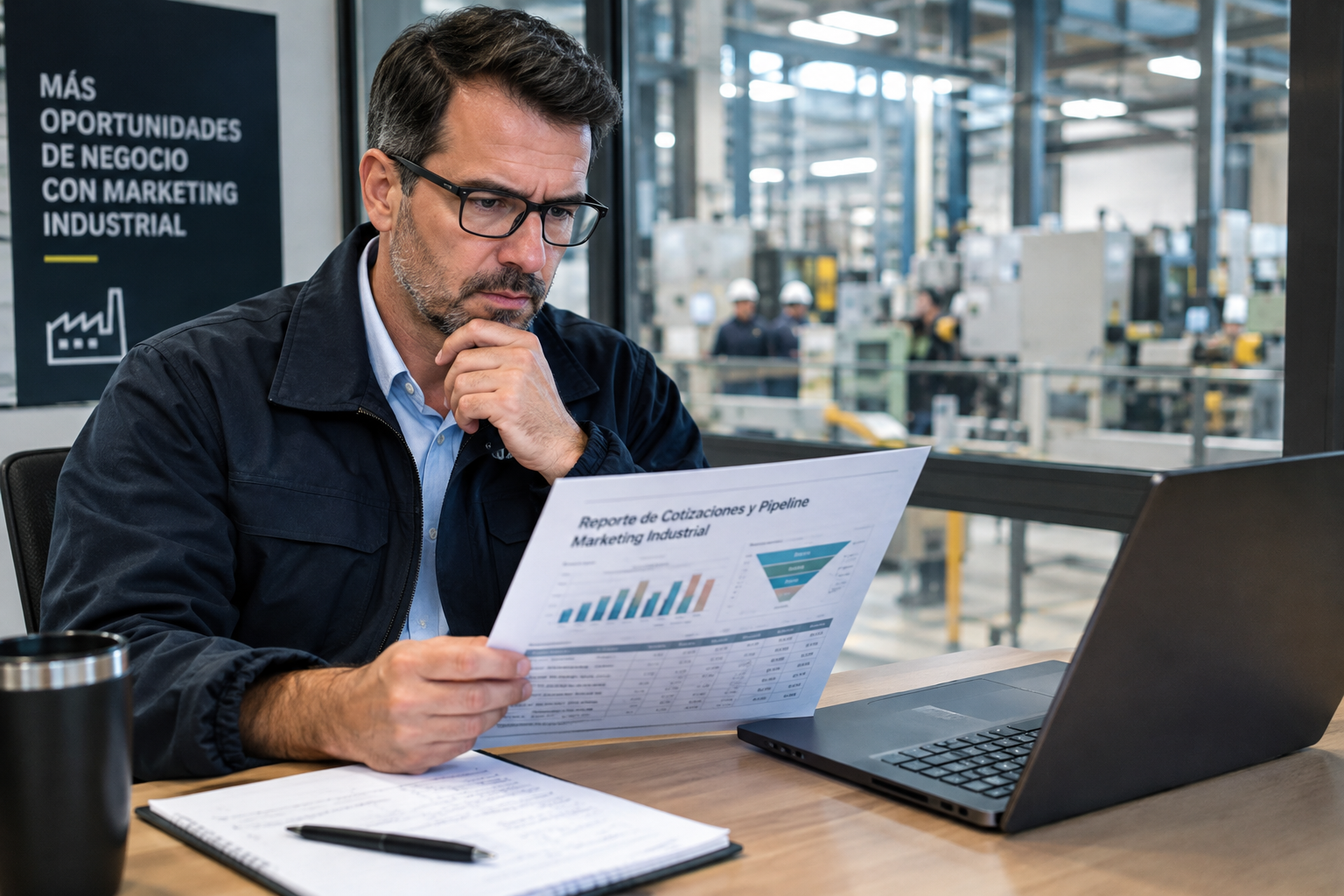 Director de planta revisando un reporte de cotizaciones y pipeline de marketing industrial