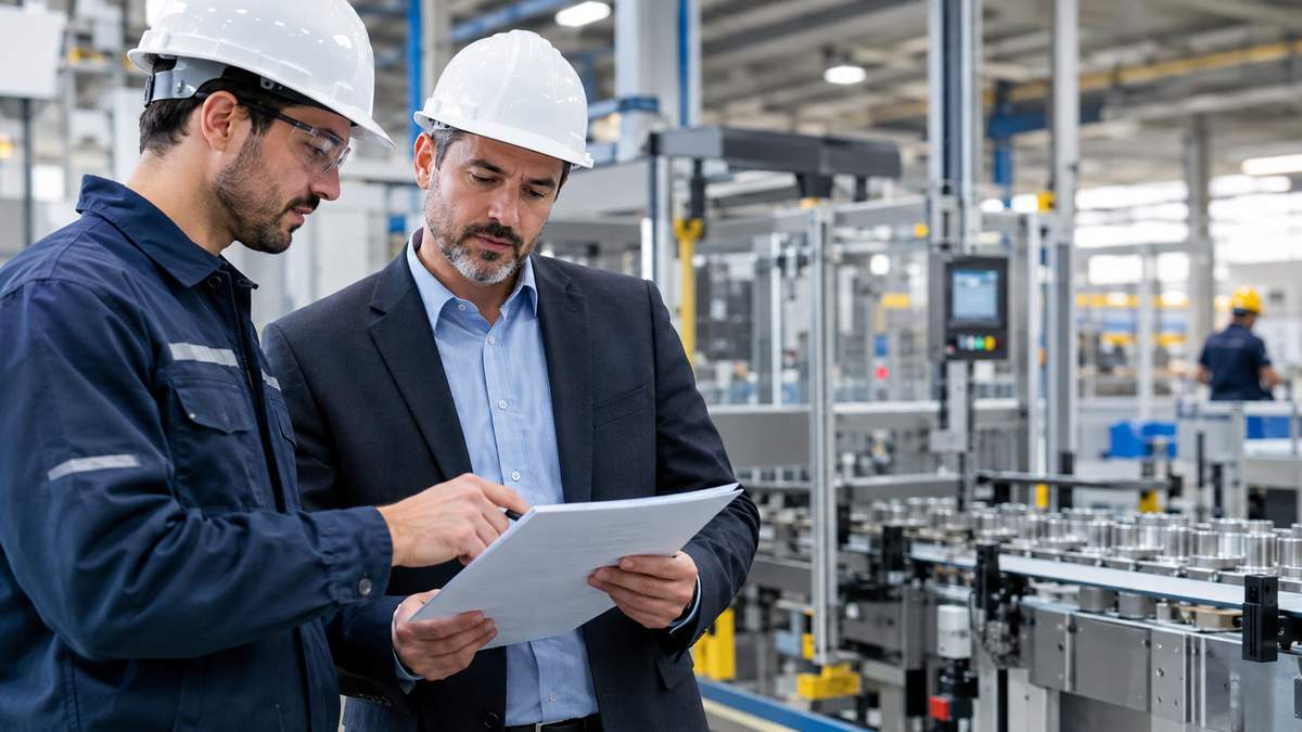 Ingeniero y director de planta revisando una especificación técnica frente a una línea de producción